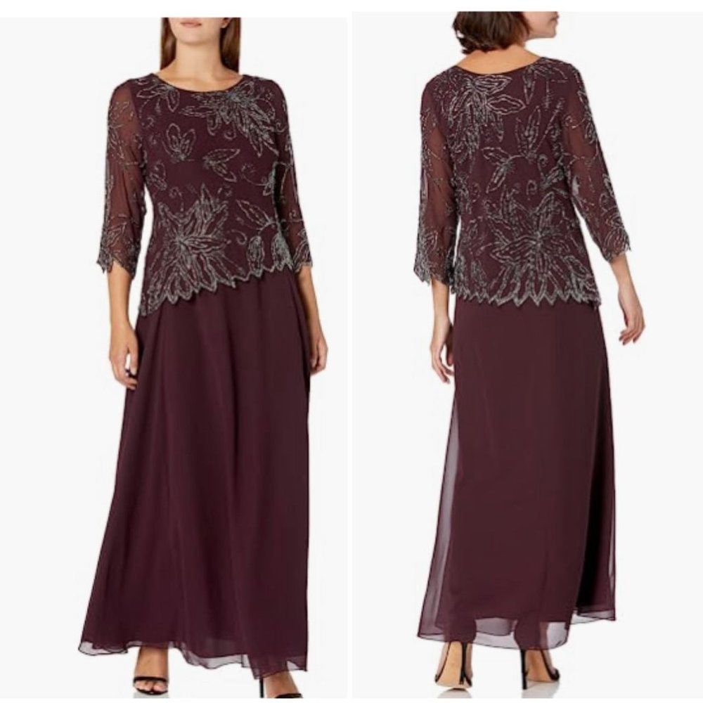 J Kara Plus Size Womens 3/4 Sheer Sleeve Floral Beaded Long Dress Size: 16
